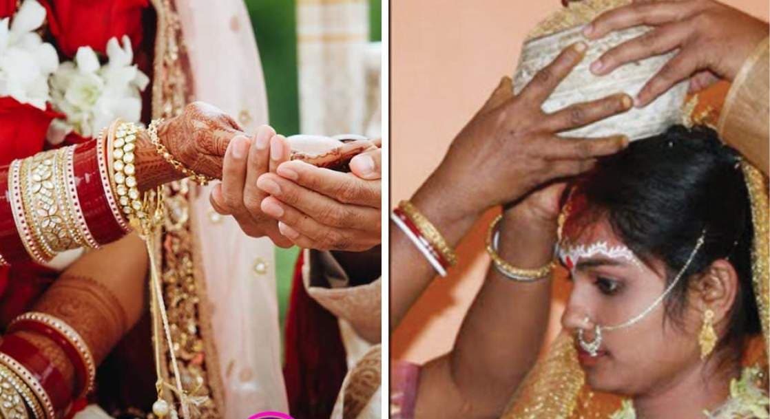 SHOWING THE IMAGE OF " Ceremony of placing an earthen pot on the bride's head", ONE OF THE Shocking Indian Wedding Rituals