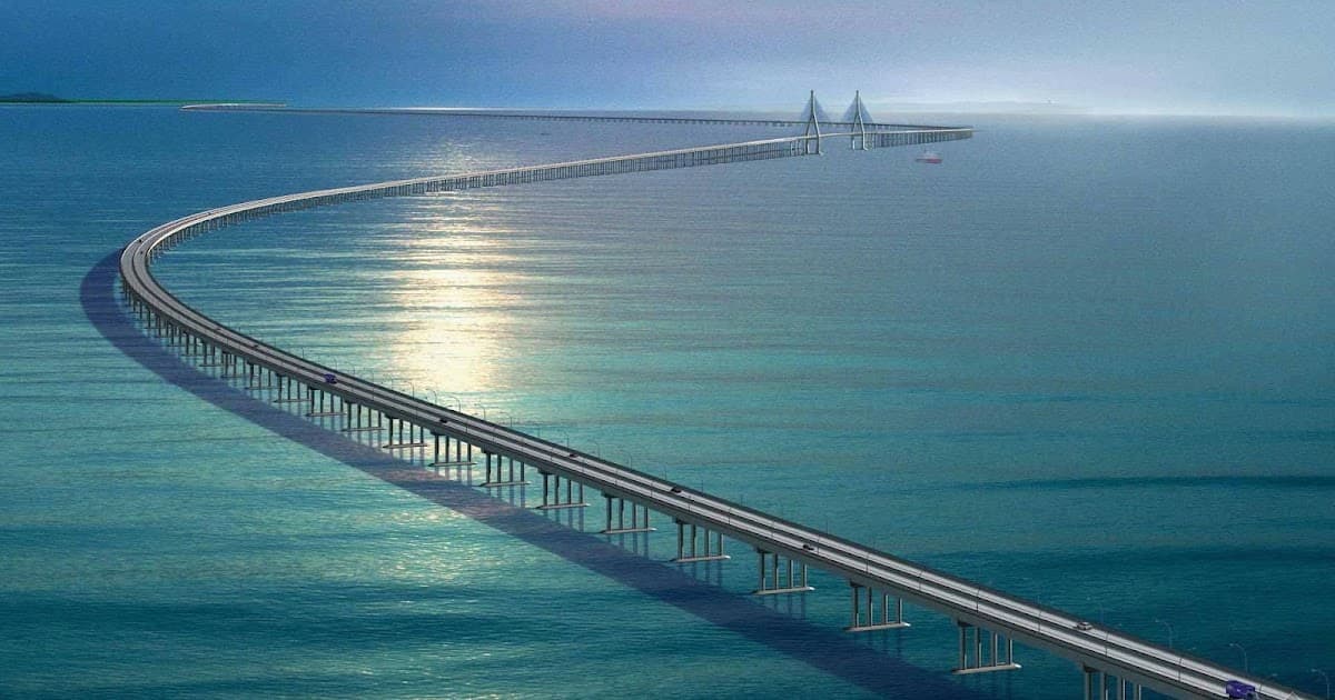 showing the image of " Hangzhou Bay Bridge", one of the 5 longest sea bridges in the world