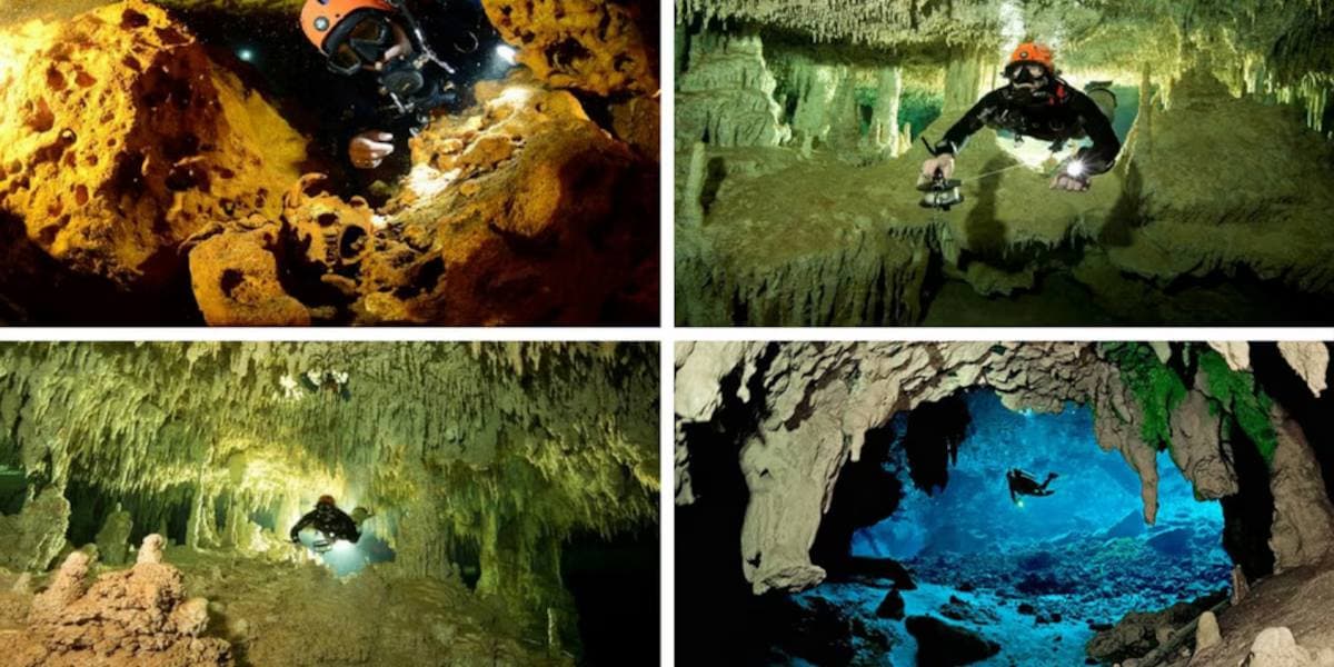 showing the image of "मेक्सिको की अंडरवाटर गुफा (Mexico Underwater Cave)", one of the World's Mysterious Caves 