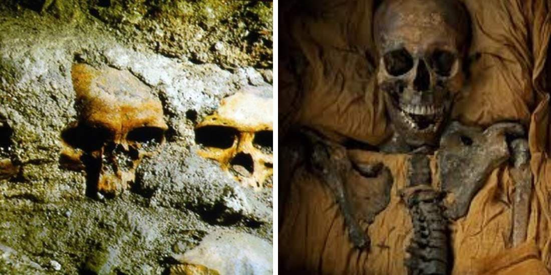 showing the image of " डूबी हुई खोपड़ियों का मकबरा (The Tomb of the Sunken Skulls) ", one of the 7 Scariest Archaeological Discoveries.