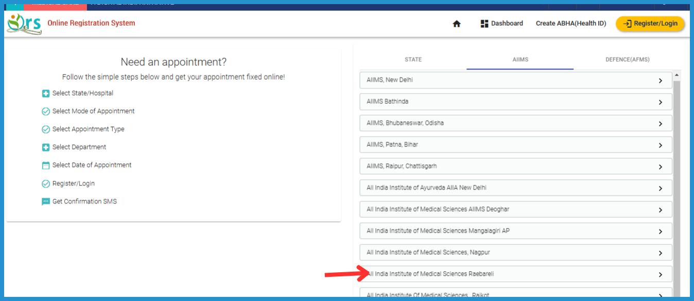 this is the image of appointment booking process on ORS Patient Portal online