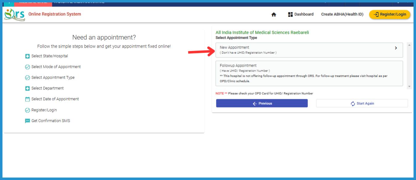 this is the image of appointment booking process on ORS Patient Portal online