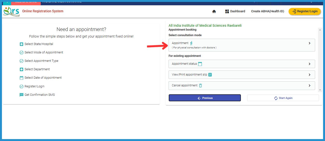 this is the image of appointment booking process on ORS Patient Portal online