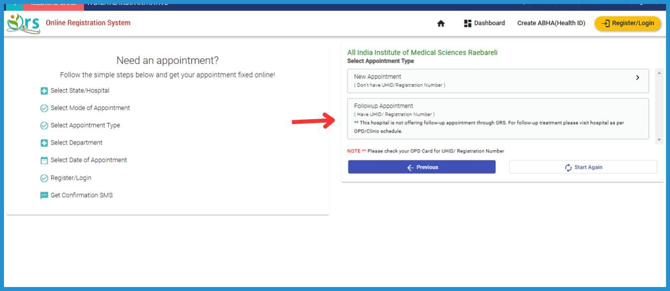 this is the image of appointment booking process on ORS Patient Portal online