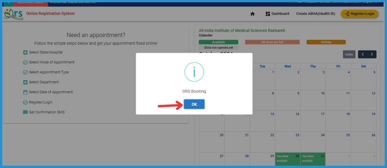 this is the image of appointment booking process on ORS Patient Portal online