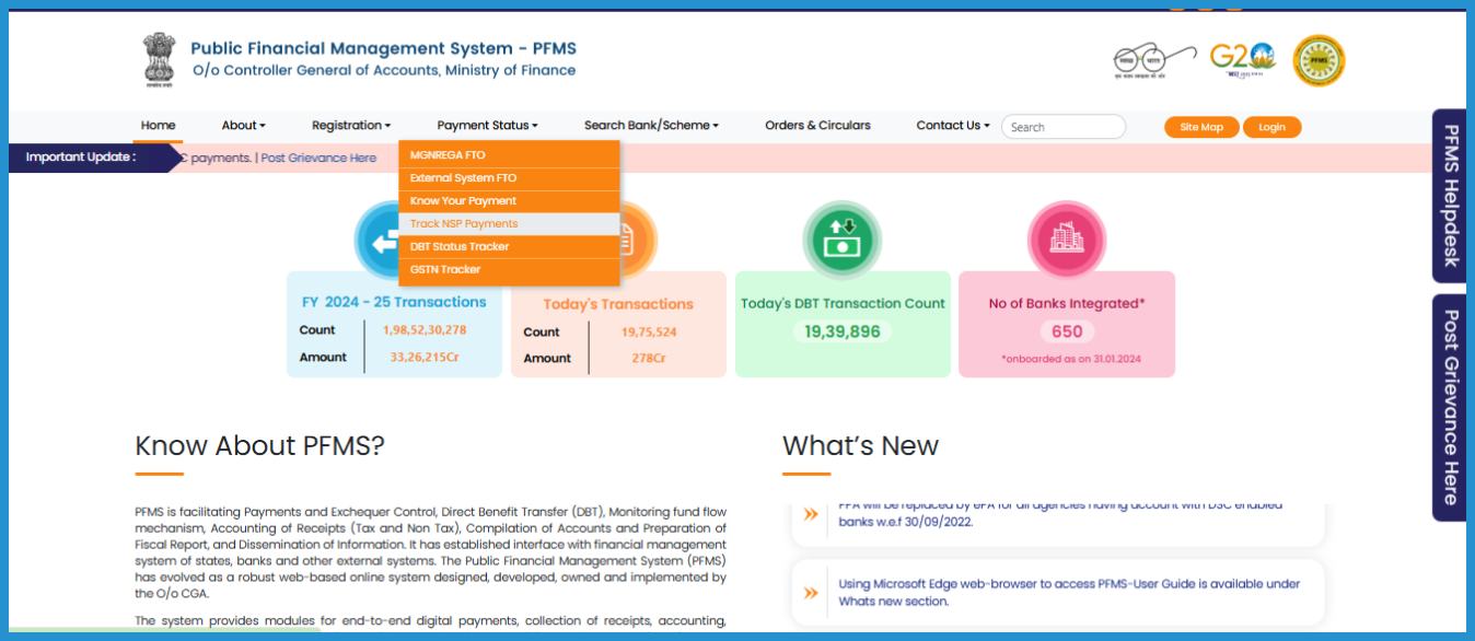 showing the image of TRACK NPS PAYMENT STATUS on PFMS Portal in hindi