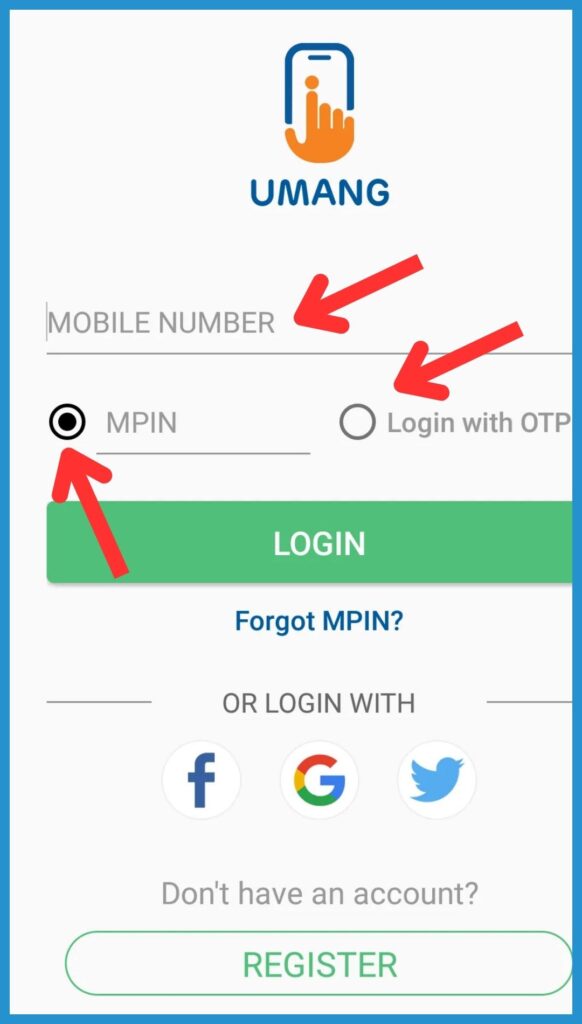 showing the image of login process on mobile under Umang App in Hindi 