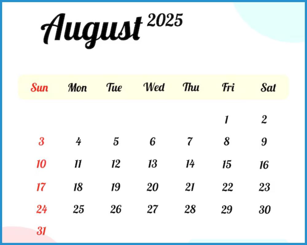 showing the image of August 2025 Calendar