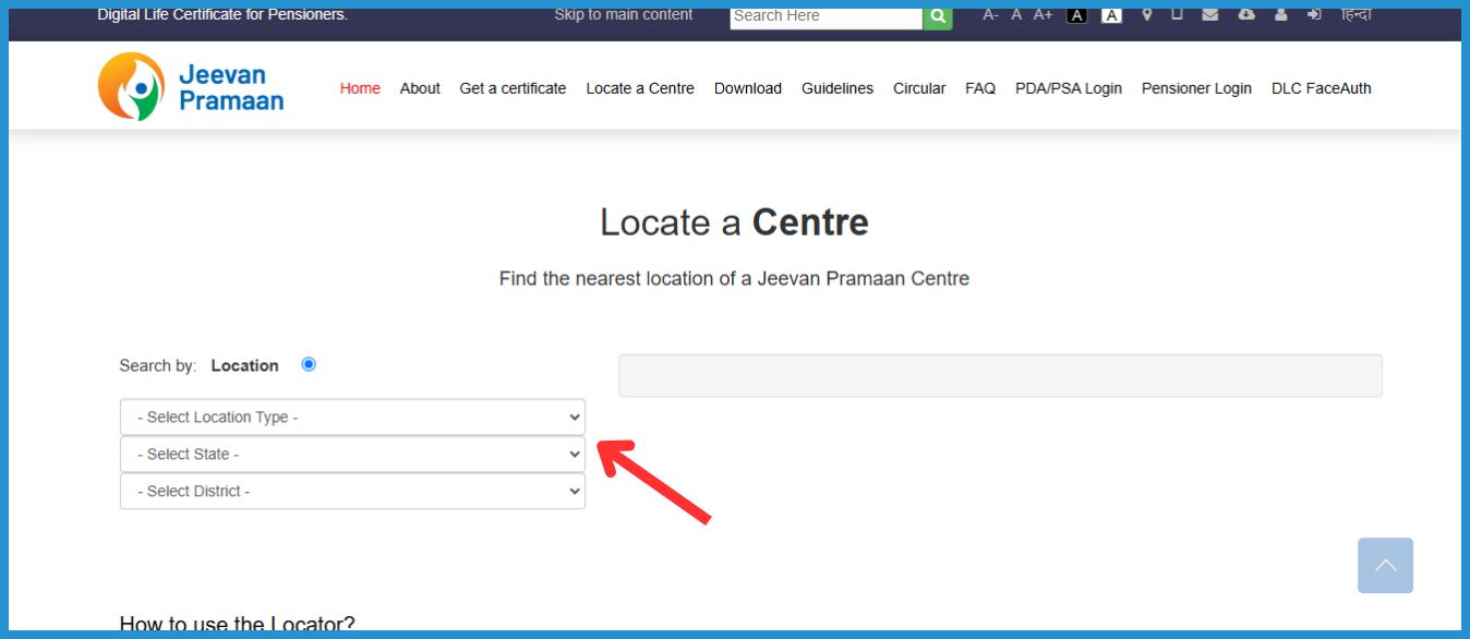 showing the image of how to find Jeevan Pramaan Centre online with the option to locate a centre.