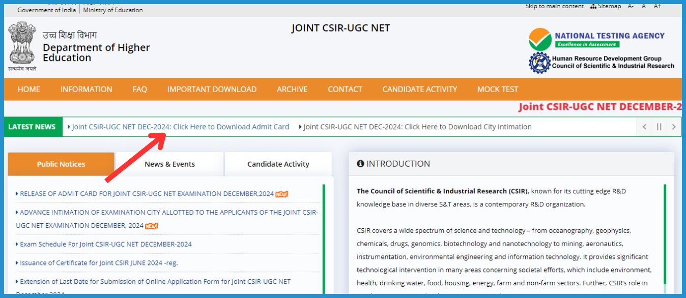 This is an image showing the process to download the CSIR NET admit card. Click on 'CSIR NET 2024 December Admit Card' to proceed.